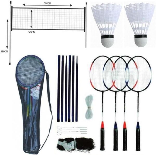 Unibos 4 Player Badminton Set With Racket Poles & Net Shuttlecock Outdoor Garden Family Game Sport With Carry Bag